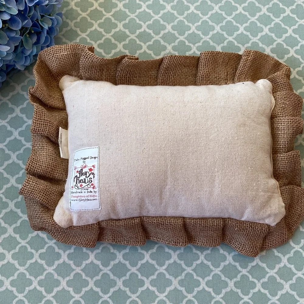 Glory Haus Bird Faith Burlap Pleated Ruffle Trim Pillow
